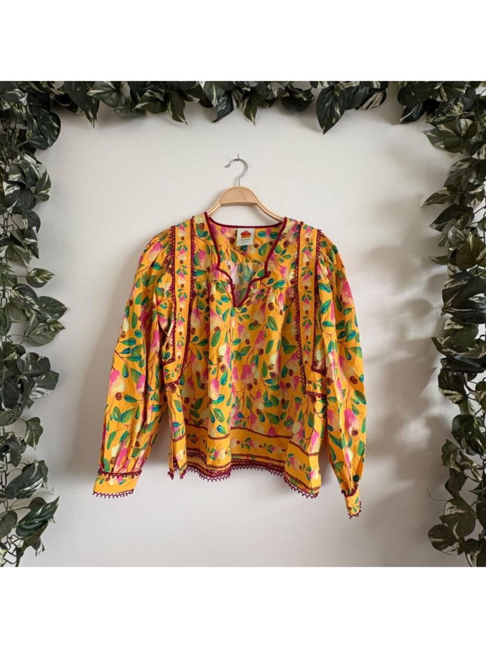 Farm Rio Mini Cashew Long Sleeve Blouse Mustard Multi Women’s Size M